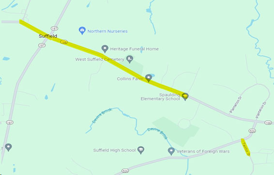 Map showing areas of Mountain Road in Suffield where water mains will be replaced.